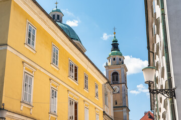 Clock tower of Ljubljana Cathedral in the capital of Slovenia.