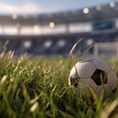 A soccer ball rests amidst tall grass in a stadium, bathed in the soft light of a sunny day.