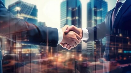Business handshake in a modern cityscape, captured from a low angle. The image conveys partnership and success, ideal for a corporate video backdrop. Live desktop wallpaper.