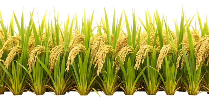 Ripe golden rice stalks with green leaves in a field against a black background paddy agriculture isolated on a transparent background