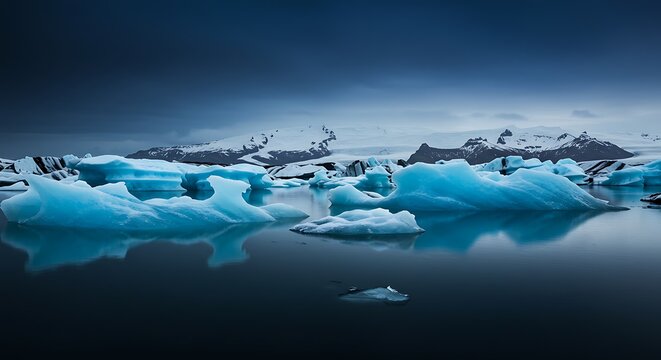 Serene glacier lagoon in Iceland with sculpted icebergs and snow-capped mountains