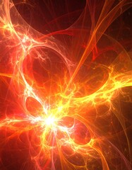 A vibrant display of fiery energy radiating outwards from a central point, showcasing intricate, flowing patterns in warm orange and red tones against a dark background.
