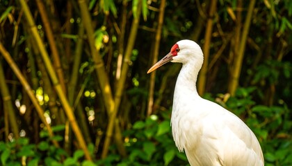 Obraz premium White bird with red crown, profile view, bamboo background