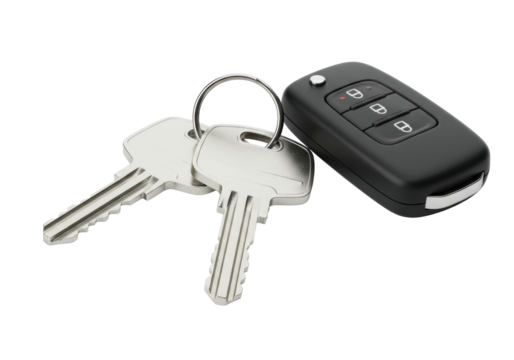 Pristine unbranded car keys, silver keys and matte black fob on a keyring on a seamless transparent, shadowless studio background, concept of modern ownership and convenience