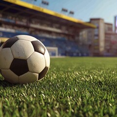 A soccer ball rests on the vibrant green grass of a stadium, with the stands blurred in the background.