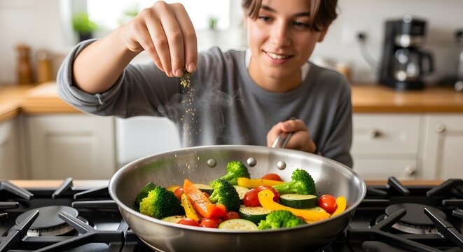 Young person seasoning vegetables in a pan, natural candid cooking shot.