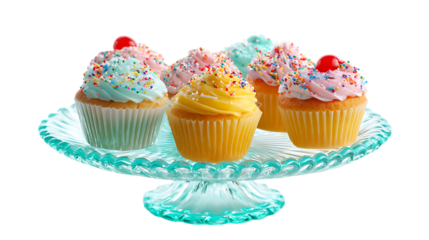 Colorful cupcakes with cherries on a glass cake stand isolated on transparent background