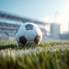 A soccer ball rests on a grassy field in front of a stadium on a bright day.