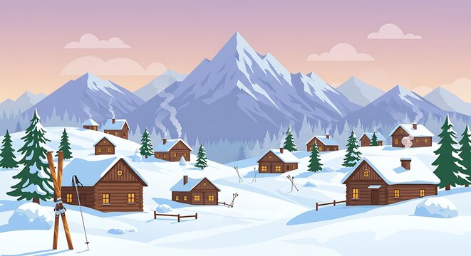 Serene snowy village nestled among majestic mountains in a winter wonderland scenery