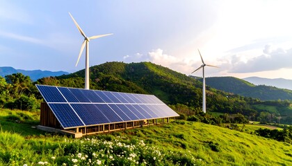 Solar panels and wind turbines on a green hillside under a blue sky.
