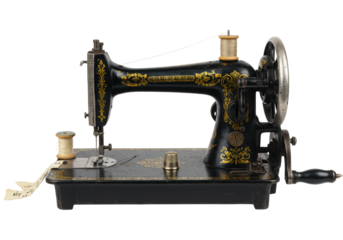 A vintage hand-cranked sewing machine with ornate cast-iron, intricate components, natural thread, thimble on bright white studio background, concept of enduring craftsmanship
