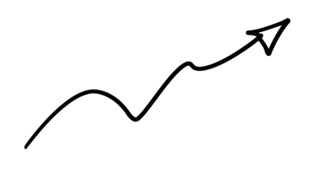 A single thick black hand-drawn arrow with smooth lines, curving from lower-left to upper-right, against a pure bright white background with ample copy space, conveying strategic growth and clear