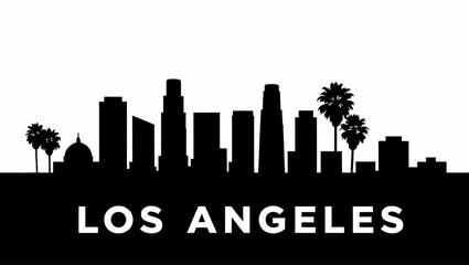 Naklejka premium Black silhouette of Los Angeles skyline with palm trees, minimalistic graphic style, on white background. Concept of urban city identity. Modern flat vector sticker label and badge style