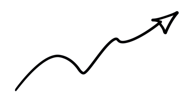 A single thick black hand-drawn arrow with smooth lines, curving from lower-left to upper-right, against a pure bright white background with ample copy space, conveying strategic growth and clear