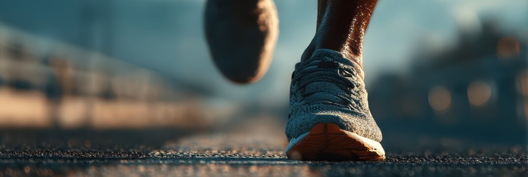 Runner's determined stride on a sunlit track at dawn highlighting athleticism and perseverance in nature