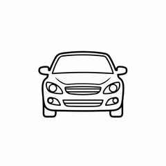 Obraz premium Black and white car icon presenting front view of sedan on light surface. Simplistic car icon includes clean lines with basic features indicating minimalist design.