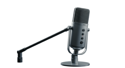 Sleek dynamic microphone, metallic accents, on a minimalist stand in a modern tech studio with corporate neutrals, soft diffused light, subtle bokeh. Concept of voice technology