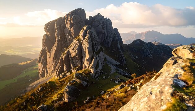 A breathtaking vista of rugged mountain peaks bathed in golden sunlight, showcasing a dramatic landscape of rocky outcrops and valleys.