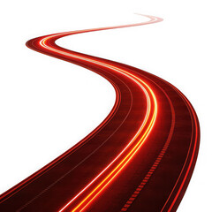 Abstract glowing red light trails on a winding road motion blur at night transparent background