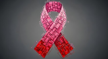 Vibrant pink ribbon symbolizing breast cancer awareness, rendered with a modern, geometric, interconnected digital design, evoking hope and advanced research