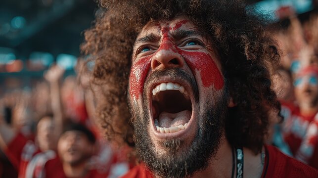 Man with face paint and headband yelling at a sporting event with excited crowd, showing passion and excitement during match