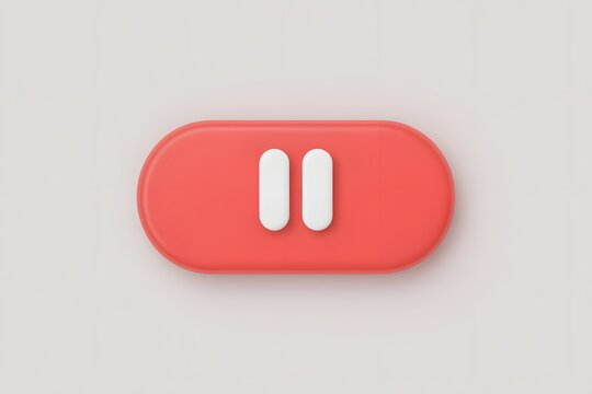 Red pause button with white bars on a light background in a minimalist style