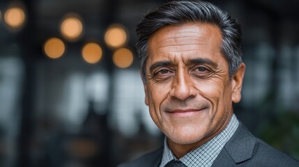 Mature middle eastern businessman smiles confidently indoors during daytime in corporate attire