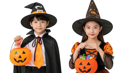 Two children dressed as witches with hats and capes, holding pumpkin buckets filled with candy for halloween trickortreating isolated on transparent background