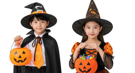 Two children dressed as witches with hats and capes, holding pumpkin buckets filled with candy for halloween trickortreating isolated on transparent background