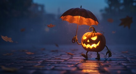 Whimsical Halloween Pumpkin Character Walking in the Rain Under Umbrella on Cobblestone Street at Night