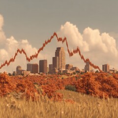 A city skyline framed by an autumnal landscape, overlaid with a fluctuating market graph, evokes a mood of financial uncertainty.