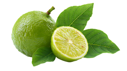 Whole and halved lime with green leaves isolated on transparent background