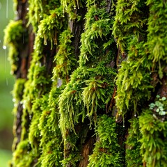 Lush green moss clings to weathered tree bark, glistening with morning dew drops.