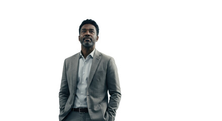 Obraz premium Diverse male professional, late 30s-early 40s, in business casual, looks thoughtfully upward in bright modern minimalist corporate workspace with soft bokeh, embracing future possibilities