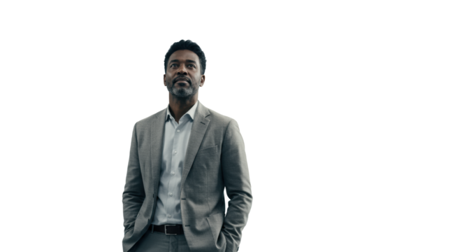 Diverse male professional, late 30s-early 40s, in business casual, looks thoughtfully upward in bright modern minimalist corporate workspace with soft bokeh, embracing future possibilities