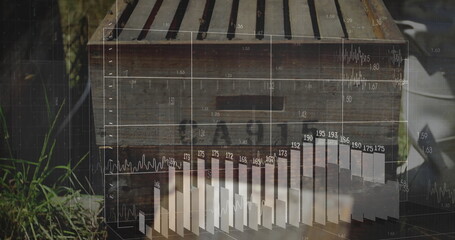 Projecting bar charts and line graphs from wooden beehive box in garden, with metal pail