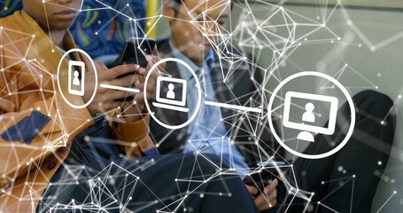 Tapping smartphones, woman in leather jacket, man in jacket sitting on bus showing network overlay