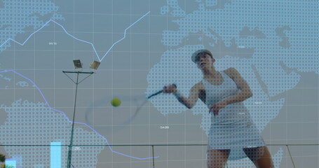 Raising racket tennis player wearing white tennis dress on hard court with data overlay, copy space
