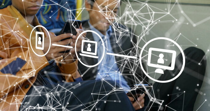 Tapping smartphones, woman in leather jacket, man in jacket sitting on bus showing network overlay