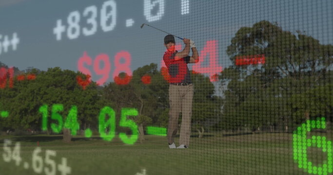 Golfer wearing striped polo swinging on fairway, with club, ball, glove and market ticker overlay