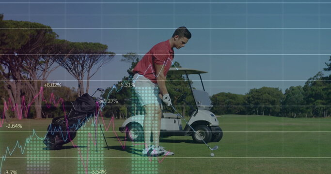 Swinging golfer in red shirt aligning shot on fairway under graph overlays, with golf club