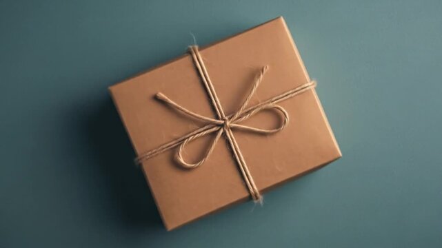 Wrapped gift box tied with twine ribbon against a teal background, perfect for holidays.