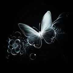 Wanddecoratie Grunge vlinders A glowing white butterfly and flower, on a black background  © Photo