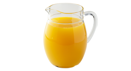 A clear glass pitcher filled with bright orange juice against a black background in a studio shot