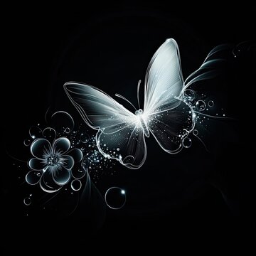 A glowing white butterfly and flower, on a black background