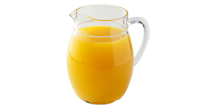 A clear glass pitcher filled with bright orange juice against a black background in a studio shot