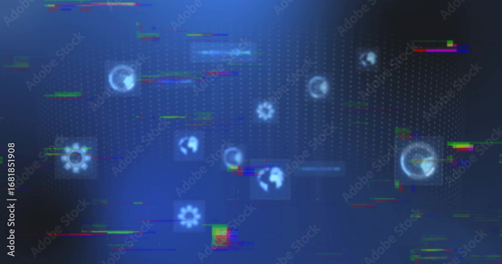 Wall mural data interface floating over grid, showing globe and gear icons, progress rings and waveform bars