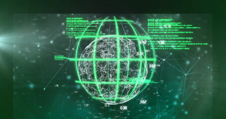 Floating neon green wireframe globe showing network nodes and code snippets in dark virtual space