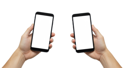 Two well-groomed adult hands holding sleek black smartphones with blank white screens on a transparent studio background, high-key studio lighting. Concept of digital innovation and potential