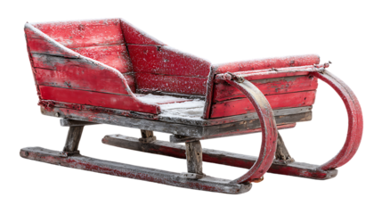Vintage red wooden sleigh covered in snow isolated on transparent background